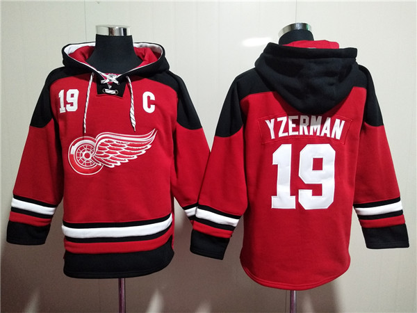 Men's Detroit Red Wings #19 Steve Yzerman Red Lace-Up Pullover Hoodie - Click Image to Close